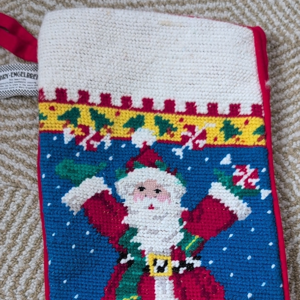 Mary Engelbreit Vintage Santa Snowman Needlepoint Velvet Holiday Stockings - Picture 3 of 11